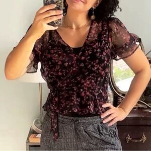 Lulus Sheer Black Floral Wrap Top